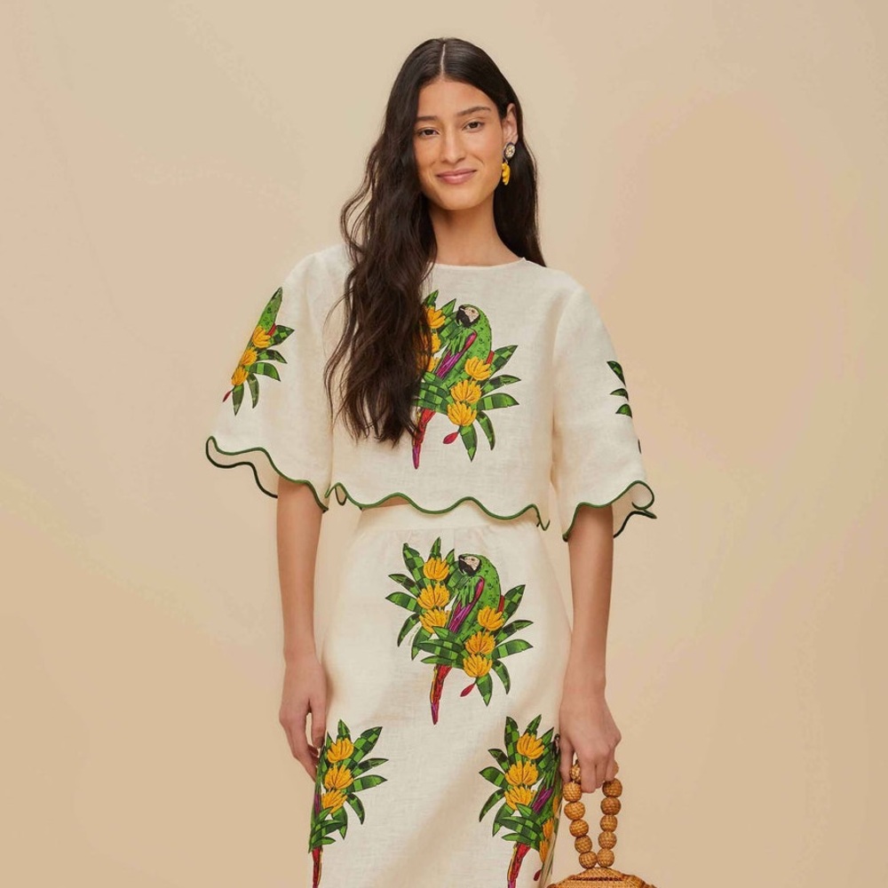 FARM Rio Cream Linen Crop Top with Green Parrot & Yellow Floral Print - Picture 7 of 11